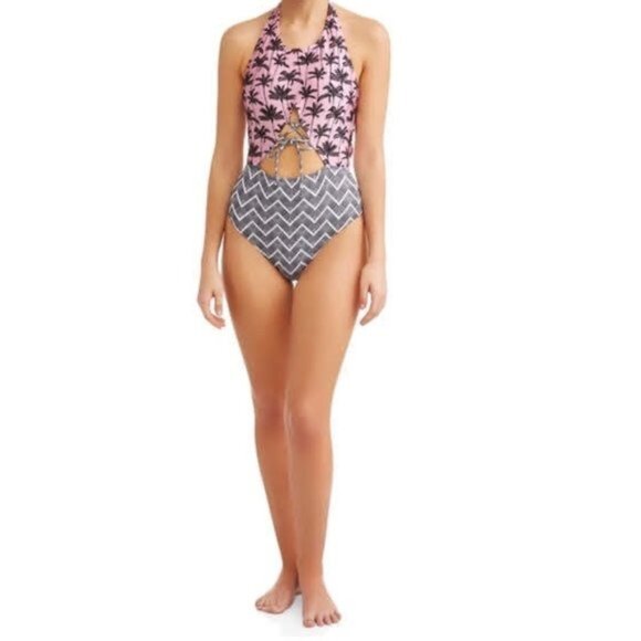 High Neck Swimsuit, Palm Chevron Print - Picture 3 of 9